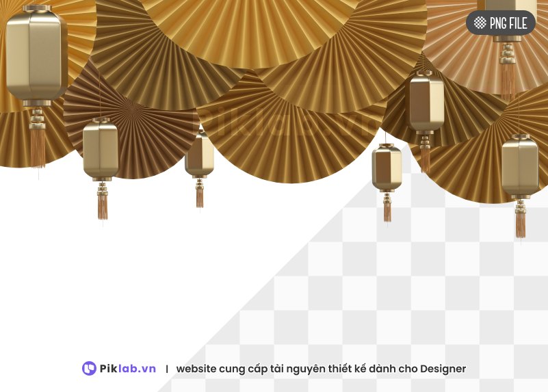 3D decorative design image with Asian festival theme. Above is a string of yellow cylindrical lanterns, tassels hanging. Behind is a background decorated with large yellow pleated fans, Mid-Autumn Festival, PNG file, tết trung thu